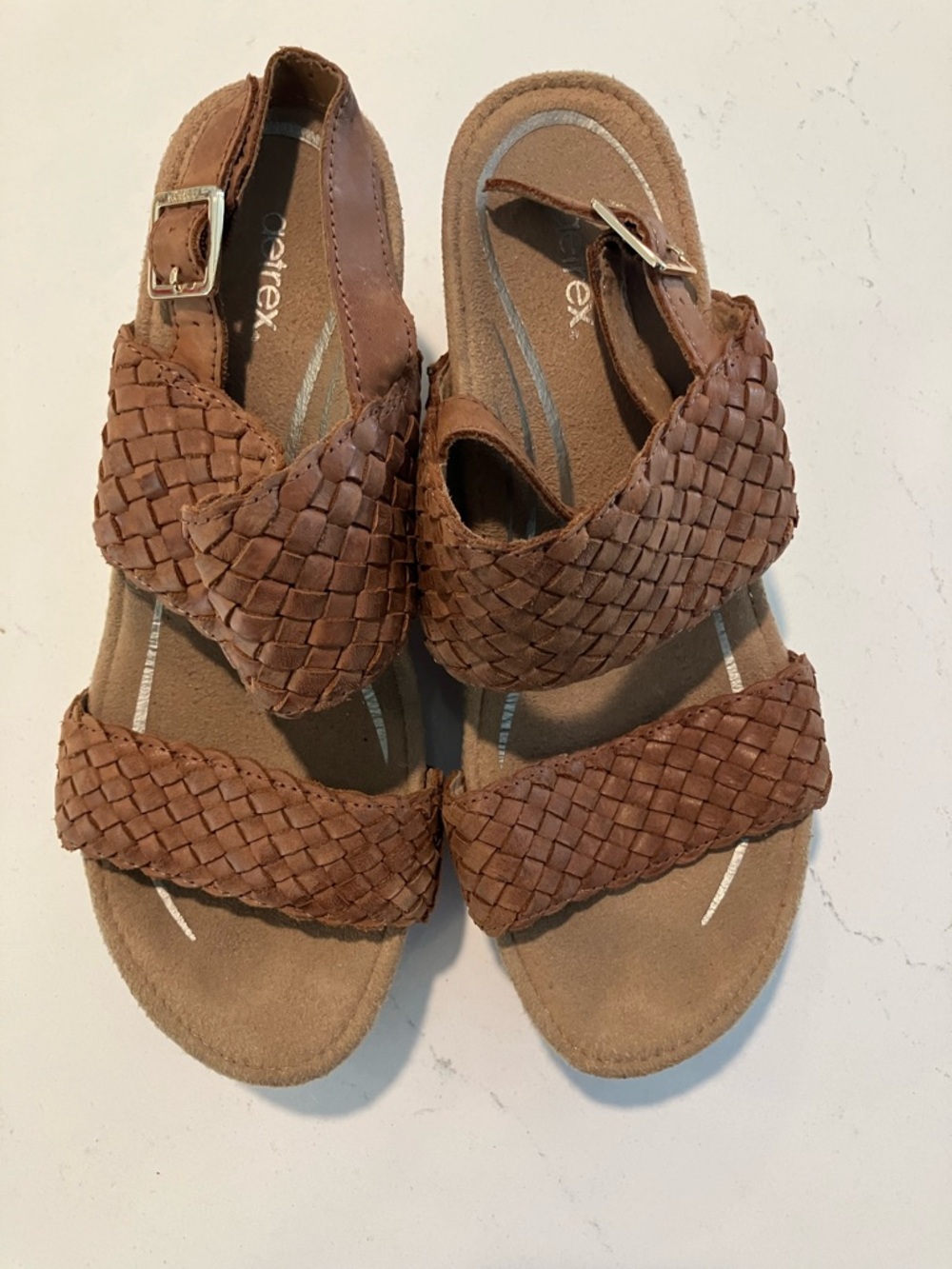 Aetrex Brown Woven Leather Strap Sandals